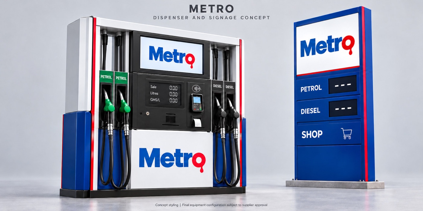 Concept illustration of a Metro fuel dispenser showing petrol nozzles