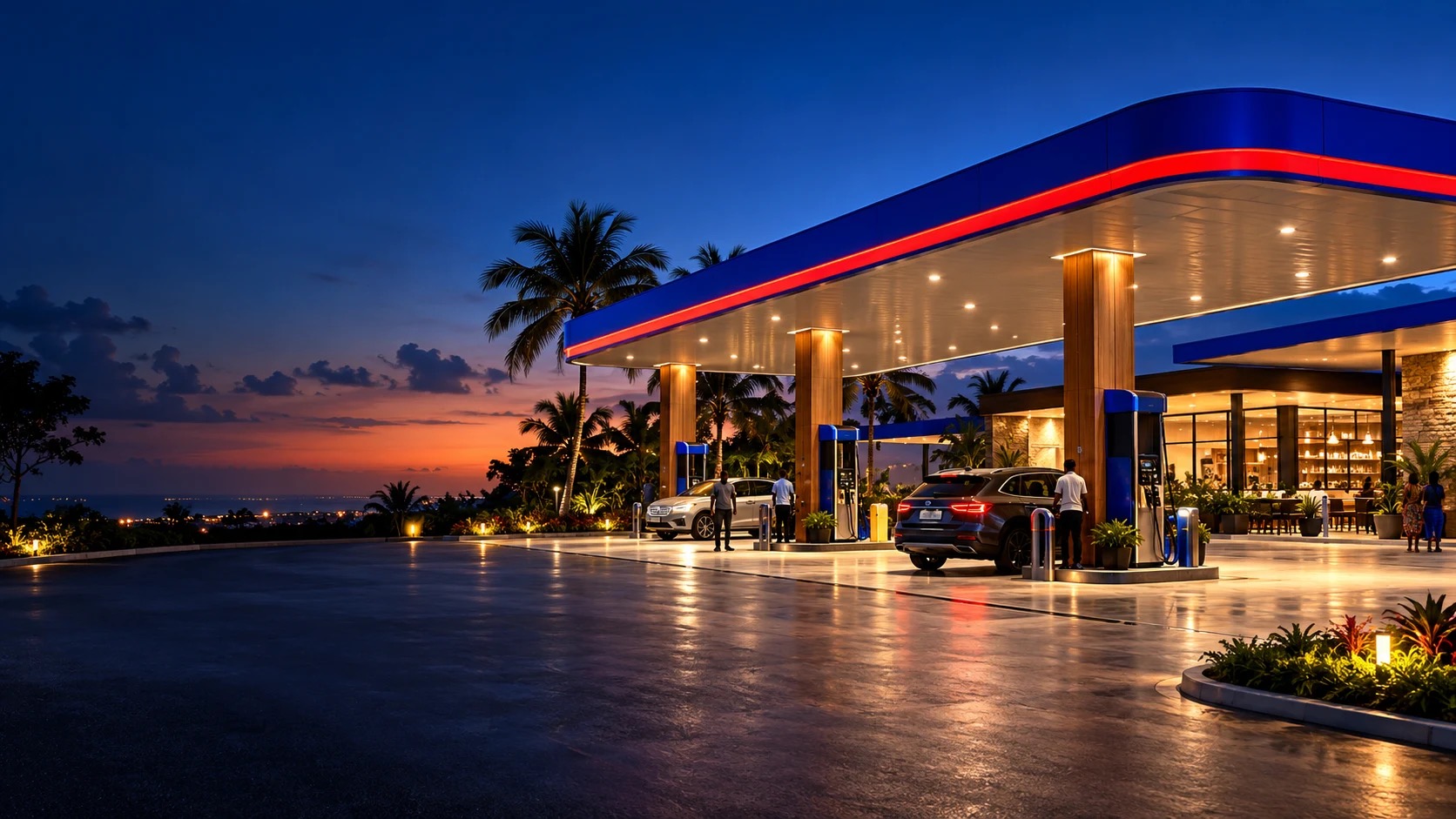 Architectural concept of a Metro station at dusk: a blue canopy with a red band, palm trees and a calm sea horizon.