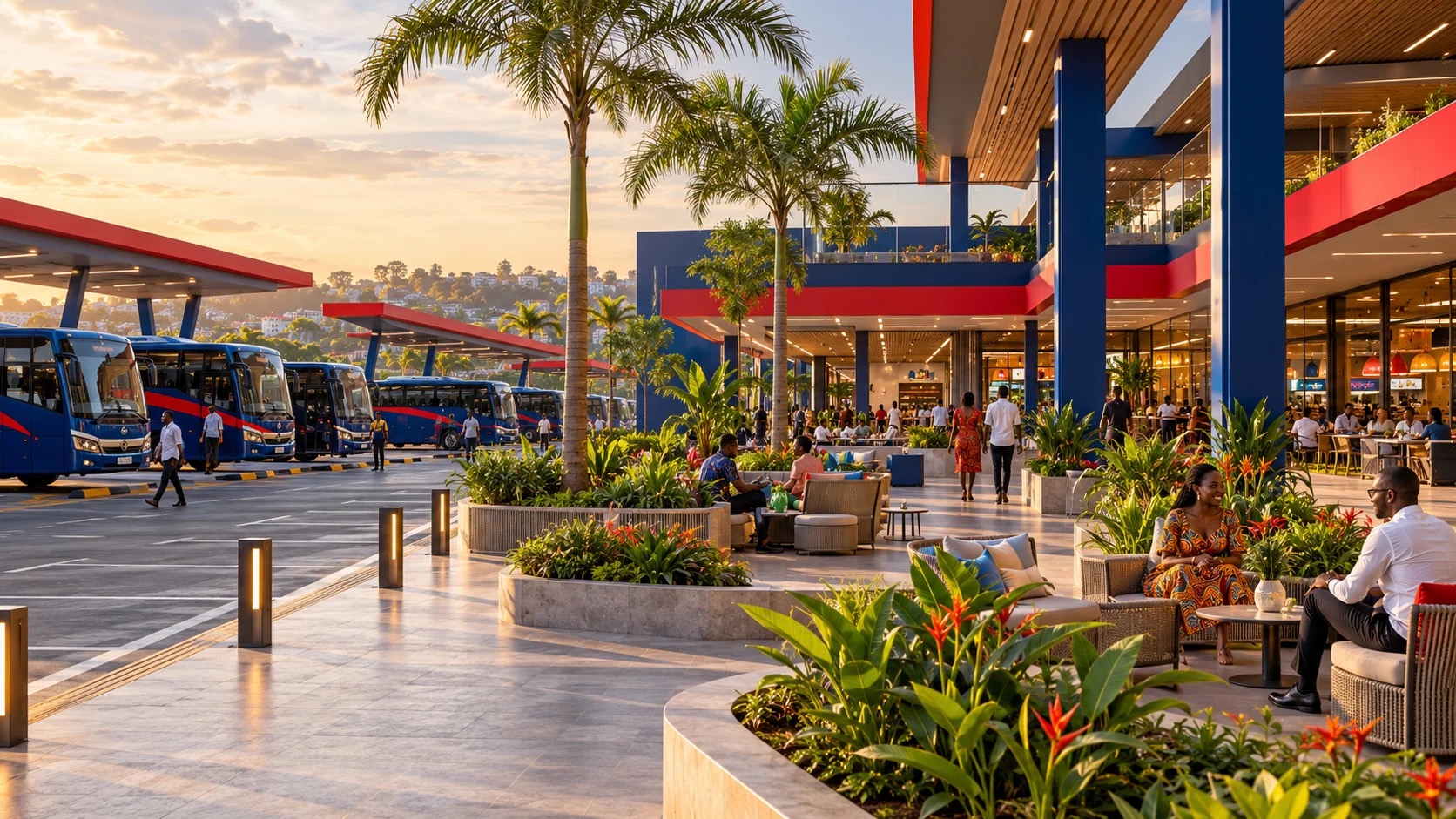 Architectural concept of a Metro Travel Plaza: buses at covered bays, planted seating areas and a shopping arcade at sunset.