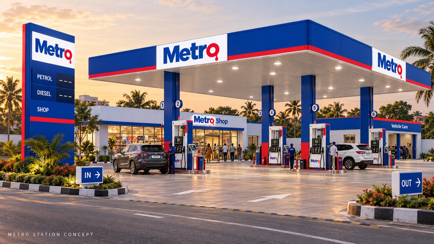 Architectural concept of a Metro station forecourt in daylight: a blue canopy with red trim, pump islands, a Metro shop and a branded totem sign.